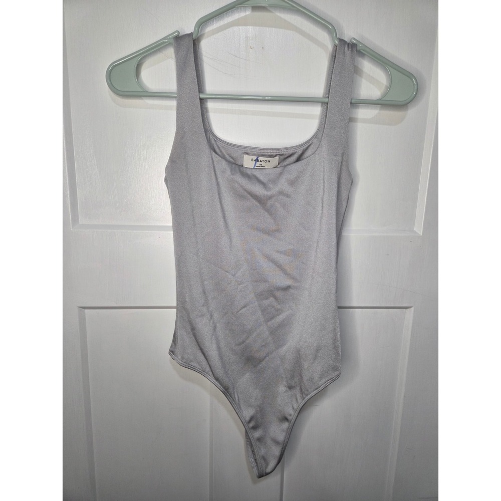 Babaton Aritzia Silver Metallic Square Neck Bodysuit Tank XS Sleeveless Shimmer‎
